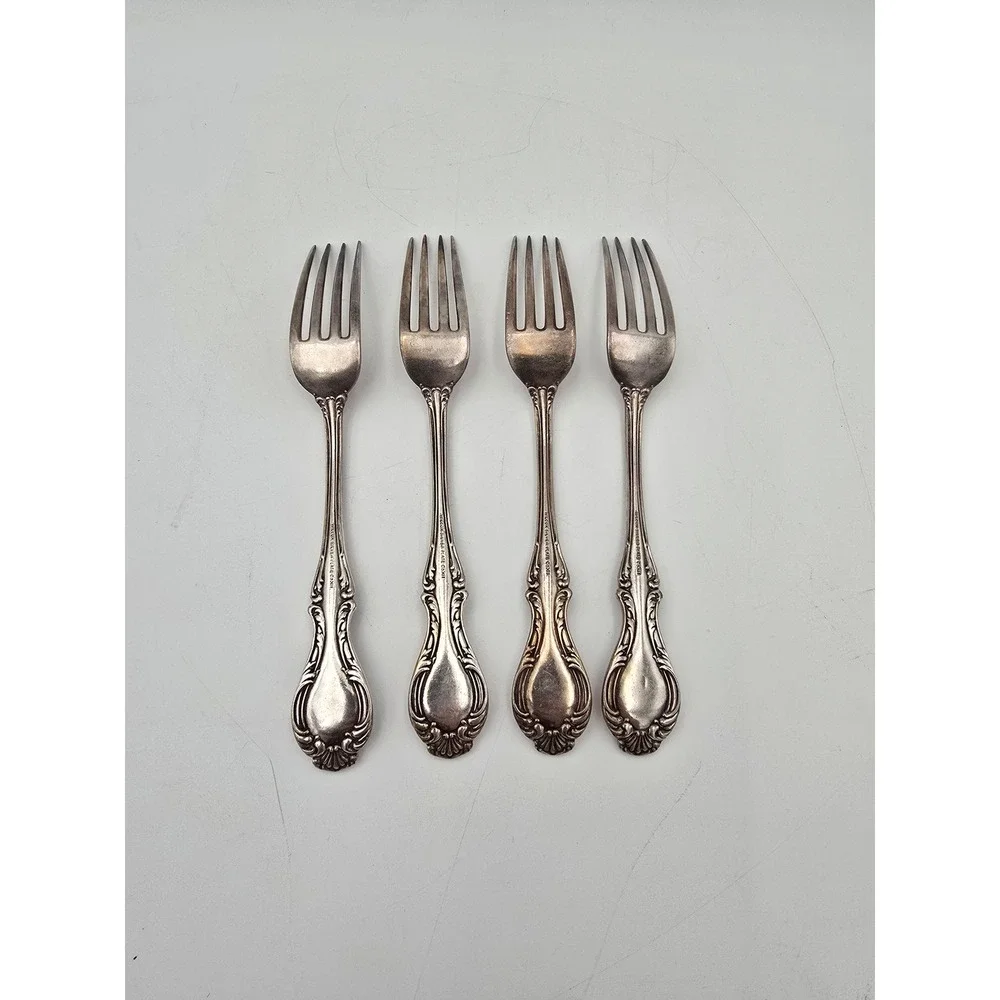 4 Antique Wilcox Silver Plate Co JOANNE forks Ornate Scroll XII Edwardian